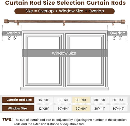 1” Diameter Curtain Rods Itself is 30 to 90 inch 2 Pack Fit 30-84 inch Window with Heavy Duty Adjustable Rod Matte Wood Grain Splicing Metal Extra Long Curtain Rod for Windows
