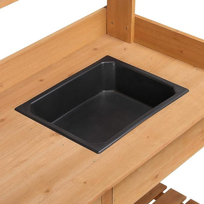 Yaheetech Potting Bench Outdoor Garden Work Bench Station Planting Solid Wood Construction for Horticulture w/Sink Drawer Rack Shelves Natural Wood