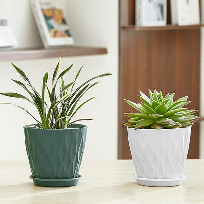 FaithLand 6-Pack 6-Inch Plastic Plant Pots with Saucers | Thickened PP Material, Modern Wave Texture, Enhanced Drainage for Indoor/Outdoor Garden Plants | Tricolor Value Set