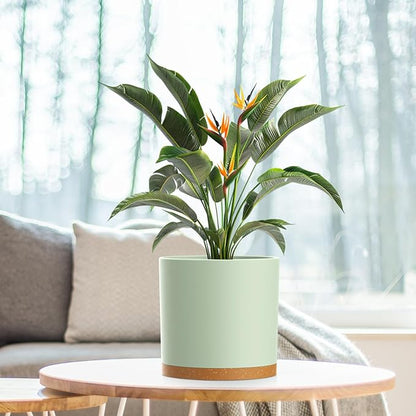 8 Inch Medium Flower Pots for Indoor Outdoor Plants, Cylinder Deep Plant Pots with Drainage Holes & Saucer, Decorative Plastic Planter Pots for Garden House Plants, Green with Brown