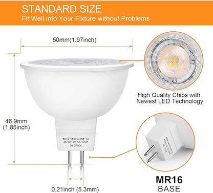 Mlambert 12 Pack MR16 LED Bulbs 50W Halogen Equivalent,2700K Warm White,5W GU5.3 MR16 12V Spotlight Bulb,Non-Dimmable,45° Beam Angle for Landscape