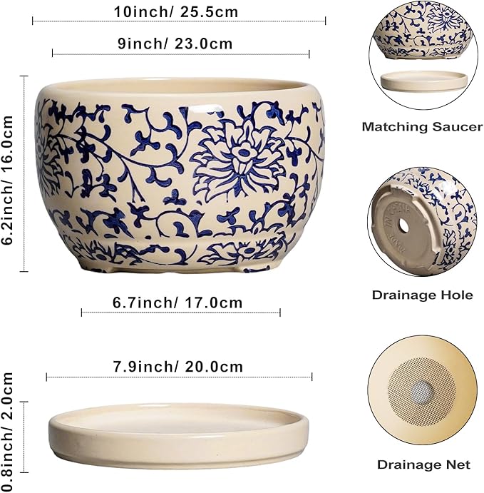 SQOWL 10 Inch Plant Pot Indoor - Ceramic Planter with Drainage Hole and Tray, Large Ceramic Flower Pots Outdoor, Porcelain Decorative Round Planter, Room Decor, Gifts for Plant Lovers, Blue and Beige