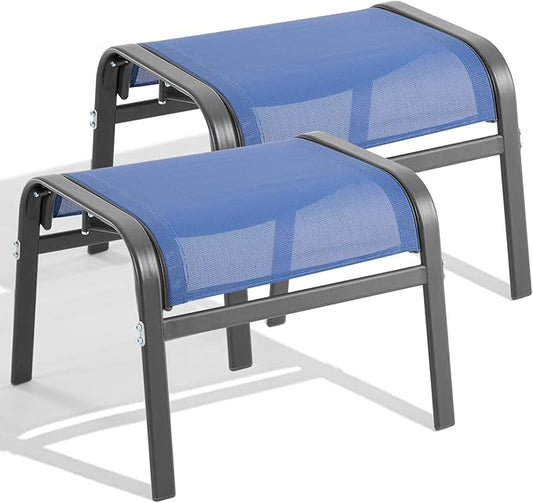 ONBRILL Outdoor Ottoman Set of 2, All Weather Outdoor Foot Stool with Supportive Textliene and Metal Frame, Stackable Oversized Outdoor Foot Rest for Furniture Patio Garden Pool, Blue