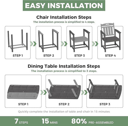 HDPE Outdoor Patio Dining Set with Table & 6 Chairs, All-Weather 7-Piece Outdoor Table and Chairs, 2" Umbrella Hole, Patio Furniture for Garden, Backyard, Deck | Grey
