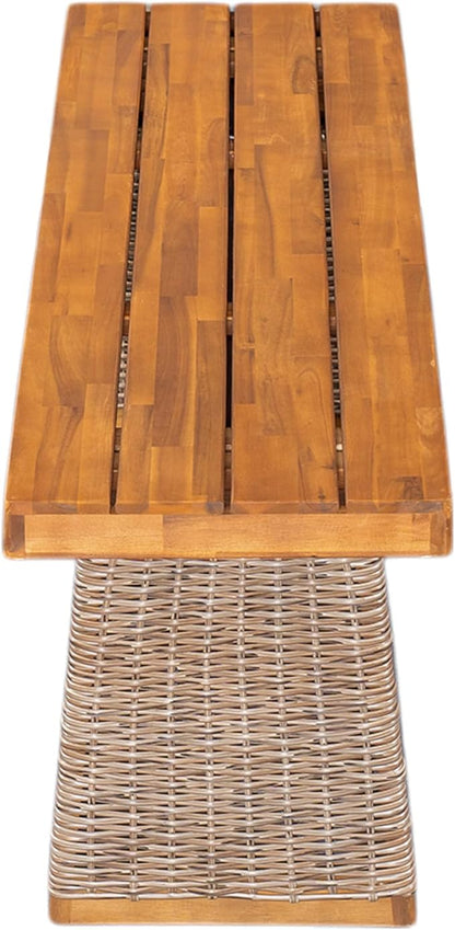 Christopher Knight Home Pasco Acacia Wood Outdoor Dining Table Set for 6, Wicker Patio Dining Set with Acacia Wood Table and Bench, Patio Table and Chair Set with Cushion+Rope Backrest,Brown+Teak+Grey