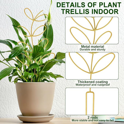 AUGSUN 2 Pcs Gold Trellis Leaf Shape 12 Inch Metal Plant Support with 50 Ties for Climbing Potted Plants Houseplant Garden Indoor Outdoor