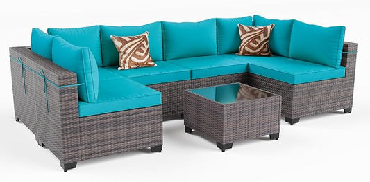 Kullavik 7 Pieces Outdoor Patio Furniture Set PE Wicker Rattan Sectional Sofa Patio Conversation Sets,Blue