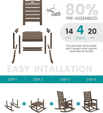 SERWALL Outdoor Rocking Chair Set of 4, Oversized HDPE Patio Rocking Chair with Footrest for Adults, All Weather Porch Rocker for Deck Patio Balcony, Coffee