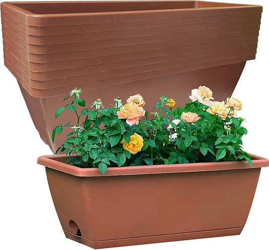 QPEY Window Box Planter, 10 Pack 17 Inch Plastic Flower Box with Tray Rectangular Planters for Outdoor Indoor Plants Garden Home Decor (red)