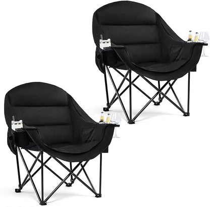 Oversized Camping Chair for Adults - Heavy Duty Outdoor Padded Large Lawn Camp Chair with Cup Holder Cooler Pockets for Sports Beach Fishing Garden Portable Supports 500lbs, AllBlack 2 Pack