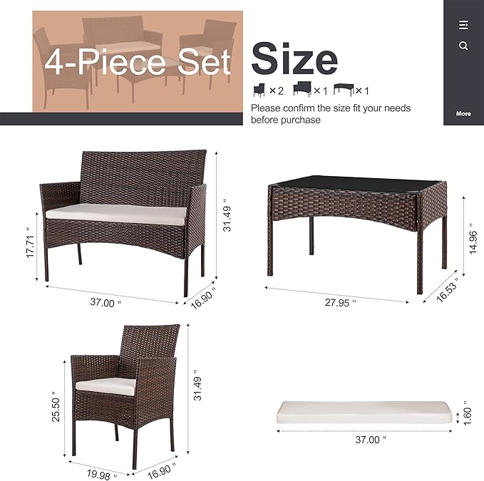 Shintenchi 4 Piece Outdoor Patio Furniture Set, Wicker Rattan Patio Conversation Set, Outdoor Chairs and Loveseat with Coffee Table for Porch, Yard & Poolside (Brown)