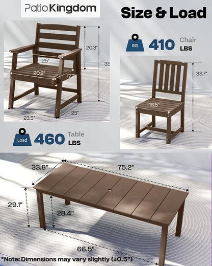 5-Piece Brown Outdoor Dining Set with White 11FT Large Patio Umbrella, 75.2'' HDPE Table & Chairs for 8, Weather-Resistant Furniture with Umbrella Hole for Patio, Lawn, Poolside