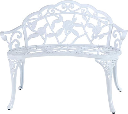 Mandolin Outdoor Park Garden Chair,All Chair Anti Rust Cast Aluminum Patio Yard Bench,Carved Rose Loveseat Bench for Backyard .Porch.Balcony.Lawn (White with Cushion)