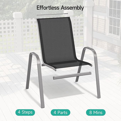 Patio Chairs Set of 6, Easily Set Up Stackable Outdoor Dining Chairs with High Back and Wide Seat, All Weather Breathable Outdoor Chairs Set of 6 with Metal Frame for Backyard Deck Pool, Black