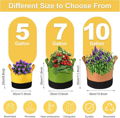 6-Pack 5/7/10 Gallon Grow Bags - 350G Heavy Duty Fabric Pots with Handles, Multi-Size Planter Bags for Potatoes Tomatoes Vegetables Fruit Flowers Herbs