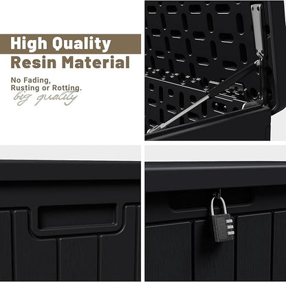 JUMMICO 90 Gallon Waterproof Resin Deck Box, Double Wall Outdoor Storage Box with Lockable Lid for Garden Tools, Patio Cushions, Pools (Black)