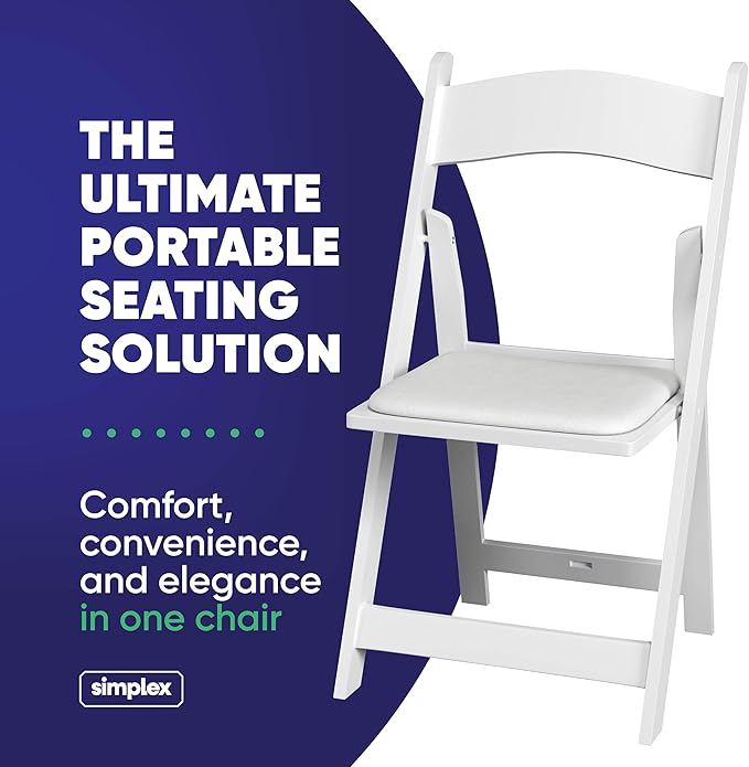 SIMPLEX 8 White Folding Chairs – Resin Stackable Foldable Chairs with Padded Seats – Comfortable White Folding Chairs for Indoor/Outdoor Events – Lightweight Resin Chairs (8 Pack)