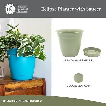 The HC Companies 12 Inch Eclipse Round Planter Pots with Drainage Holes & Attached Saucer, Lightweight UV-Resistant Plastic Indoor Outdoor Planters, 2-Pack Flower Pots for Garden & Home Decor, Seafoam
