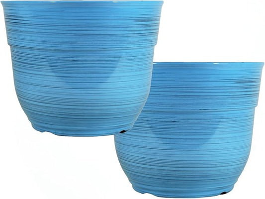 Garden Elements Indoor/Outdoor Glazed Brushed Happy Plastic Planter, Large, Bright Blue, 15" (Pack of 2)