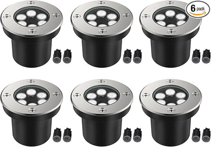 JESLED Landscape Lighting 6W LED Well Lights, 12V 24V Ground Lights 6000K Bright White, IP67 Waterproof Low Voltage Landscape Light Spotlight for Driveway Deck Patio Yard Garden Outdoor (6 Pack)