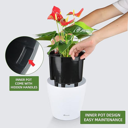 Dexceder 9x8 Inches High Gloss Self Watering Planter Indoor Outdoor, Inner Pot Design, Thickened Table Flower Plant Pot with Water Level Indicator (White)