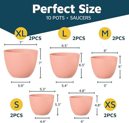 Planter Pots with Drainage Holes - Lightweight, Durable, and Space-Saving Pots for Indoor and Outdoor - Versatile Functionality, Simple Modern Design, Set of 10 Plastic Planter Pots - Pink