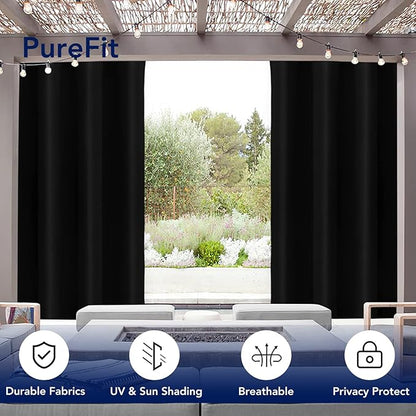 PureFit Outdoor Curtains for Patio Waterproof Weatherproof, UV Resistant Outside Curtains for Gazebo, Front Porch, Pergola, Sun Blocking Privacy Curtain, 52W x 108L inch, 1 Panel, Black