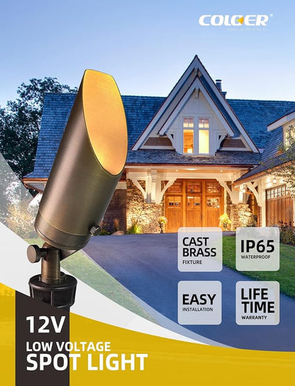 COLOER Brass Landscape Spotlights,12 Pack Spotlight Fixture Outdoor with 5W Aluminum Housing MR16 LED Bulb 2700K 450LM,12V AC/DC Low Voltage Landscape Lighting, Uplight for Garden and Patio(103B)