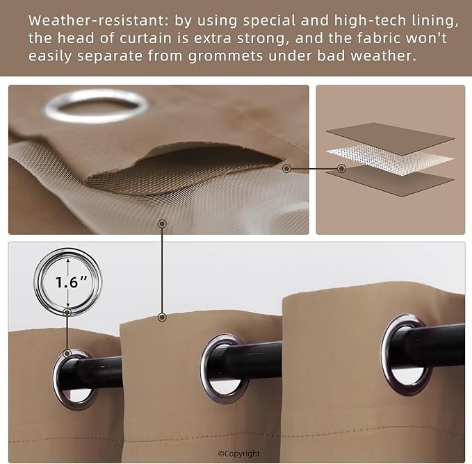 Waterproof Outdoor Curtain W105 x L108 - Grommet Top Sunlight Blocking Window Treatment Drapes Blackout Curtains for Home Bedroom Living Room Outdoor Patio Porch Pergola, Camel Brown, 2 Panels