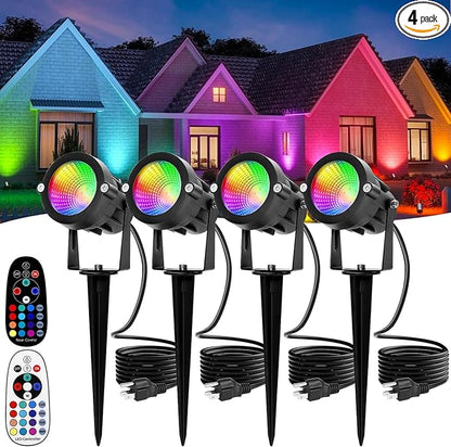 Multi Colored Spotlights Outdoor: RGBW LED Spot Light Plug in 120V Remote Control 16 Color Changing Landscape Light Spot for Lawn Yard Garden Outside Path Tree Holiday Décor, 4 Pack (RGB+Warm White)