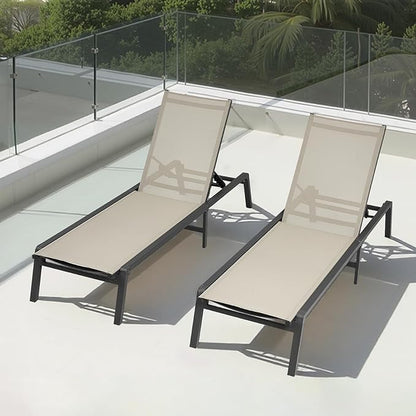 VEVOR Outdoor Chaise Lounge Chair Set of 2, 400 lbs Weight Capacity, Foldable Sun Tanning Chair, 5 Adjustable Positions, Easy Assembly, Aluminum Pool Recliner Lounge Chairs, for Beach Yard Patio