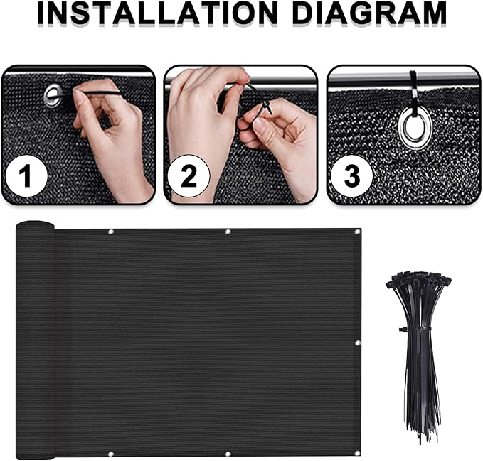 LOVE STORY 3.3'x19.7' Black Balcony Screen Privacy Fence Cover UV Protection (HDPE) Weather-Resistant 3 FT Height Shield for Deck, Patio, Backyard, Outdoor Pool, Porch, Railing