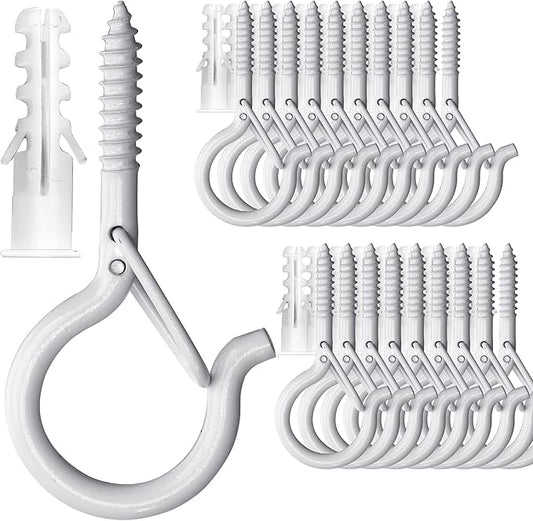 PlusRoc 20 Pack Ceiling Hooks for Hanging Plants Outdoor String Lights Heavy Duty, 2.2 Inch Eye Hook Screw in Cup Hooks Q-Hanger for Patio Lights, Wall Wood Fence Deck Mount(White)