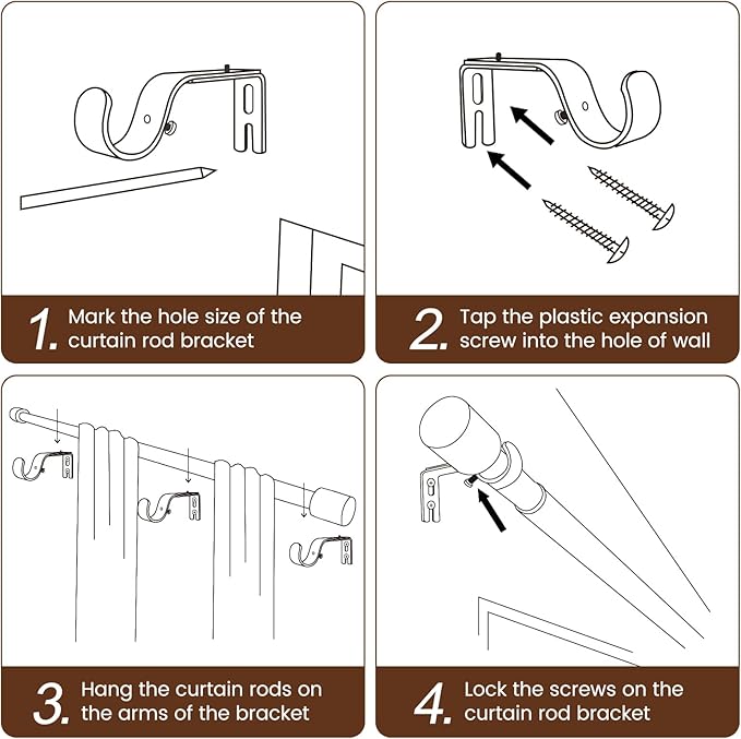 1” Diameter brown curtain rod Itself is 30 to 90 inch. 1 Pack Fits 30-84 inch Windows with Heavy Duty Adjustable brown curtain rods Splicing Metal Extra Long Curtain Rod