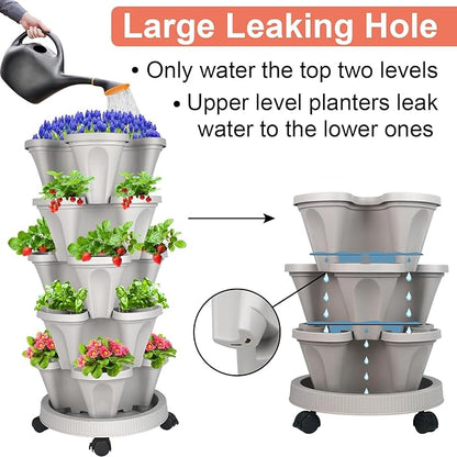GameXcel Vertical Planter 5 Tier Stackable Planters Garden Planters Strawberry Herb Flower and Vegetable Planter Indoor Outdoor Gardening Pots with Removable Wheels and Tools 2-Pack