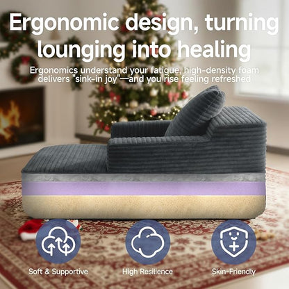 45'' Chaise Lounge Chair Indoor, Corduroy Upholstered Boneless Sofa Bed, Deep Seat Sleeper Couch Reading Chairs, Small Comfy Cloud Sofas Couches for Living Room, Bedroom, Movie Room (Dark Grey)