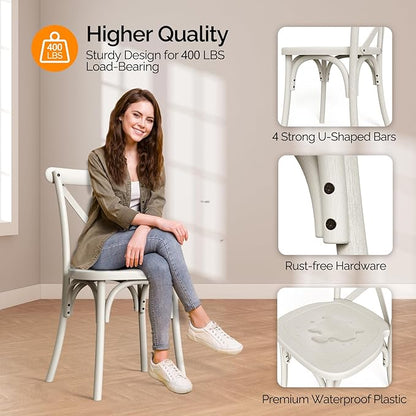 VINGLI Plastic Outdoor Dining Chairs Set of 6, Stackable Patio Cream White Dining Chairs with X Back, Waterproof Kitchen & Dining Room Chairs for Indoor-Outdoor, Capacity 400 lbs