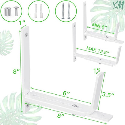 Y&M 4 Pack Adjustable Planter Box Brackets (6 to 12.5 in), Universal Window Box Brackets, Heavy Duty Iron Flower Box Wall Mounting Hooks for Balcony, Fences, Patio, and Garden - White