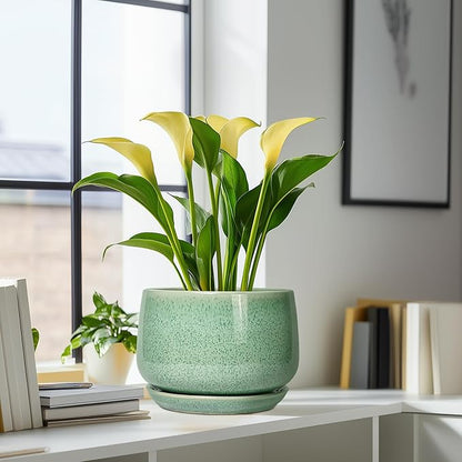 G EPGardening Ceramic Planter - 9 Inch Plant Pot with Drainage Hole and Saucer, Modern Round Planter, Flower Pot for Indoor Outdoor Plants, Garen House Room Decor, Housewarming Gifts, Green
