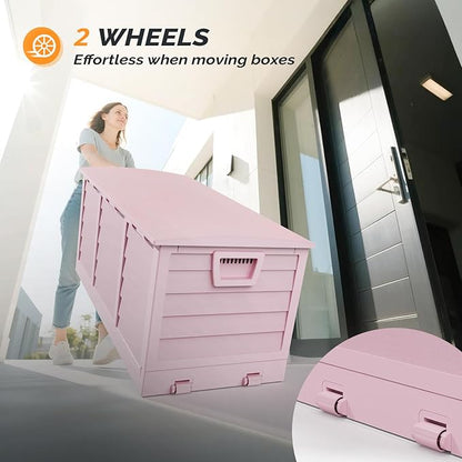 VINGLI 75 Gallon Collapsible Outdoor Storage Box, Simple-to-assemble Plastic Storage Containers with Lid, Patio Deck Box Furniture for Garden, Pool, Balcony, Yard (Pink)