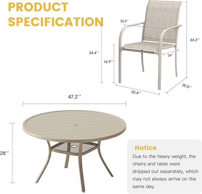 VICLLAX 7 Pieces Patio Dining Set, Outdoor Furniture Set Includes 47.2" Round Patio Table and 6 Patio Sling Chairs, Sandshell Color Tabletop and Fabric