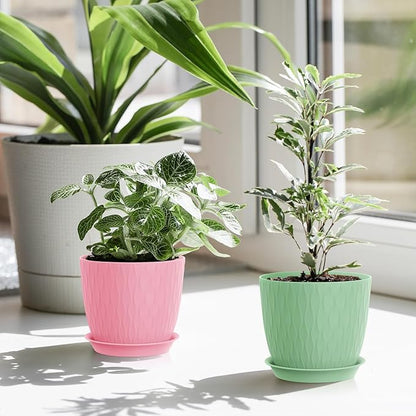 7 inch Plant Pots, 5 Pack Flower Pots with Drainage Holes and Saucers for Indoor Plants, Plastic Planters with Water Ripple for Small Garden House Plants, Nursery Pots for Succulent, Colorful
