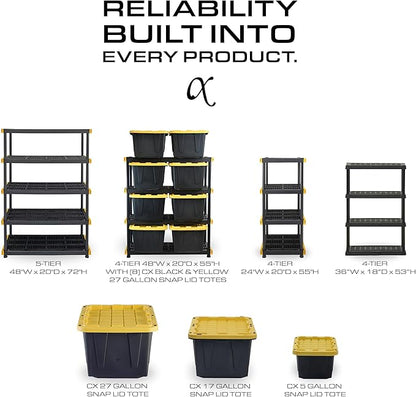 CX Black & Yellow, 4-Tier Heavy Duty Plastic Storage Shelves that Support up to 200lbs/shelf, Organization and Storage, Weather-Resistant Design, Easy Assembly (55"H x 48"W x 20"D)