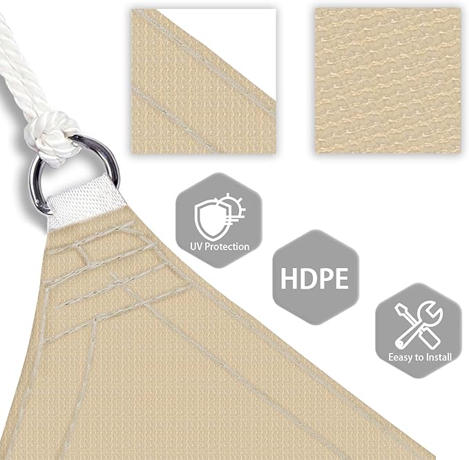 Patio Paradise 6' x 6' x 6' Sun Shade Sail Triangle Canopy Shade Cloth Fabric Sunlight Block Patio Pergola Cover HDPE Deck Awning for Outdoor Backyard Roof Shading, Sand