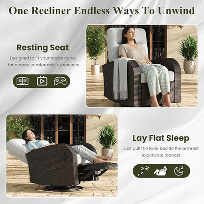 LayinSun Oversized Wicker Outdoor Swivel Glider Recliner with Adjustable Backrest & Footrest, Patio Reclining Lounge Chair