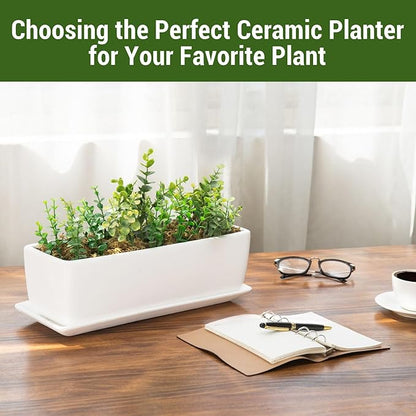 MyGift 14 Inch Ceramic Indoor Plant Pot with Drainage Hole, Rectangular Succulent Planter Window Box with Removable Saucer, Unglazed White