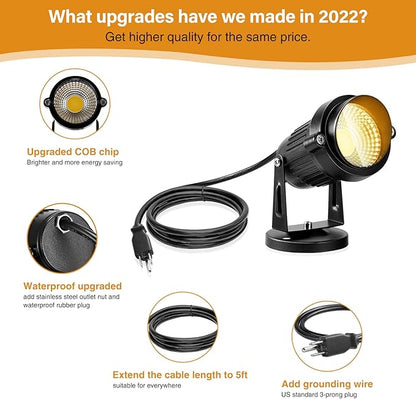 LemonBest Landscape Lights - 5W 110V Outdoor Spotlight - Waterproof IP65-3000K Warm White LED Landscape Lights - 5ft Cable for Yard Garden Patio Driveway House (Include Spike) (2 Pack)