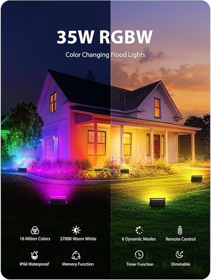 Onforu LED Flood Light Outdoor 35W Color Changing RGBW Floodlight with Remote, 2700K Warm White IP66 Stage Lighting Indoor Uplights for Events, Uplighting for Party 4 Pack