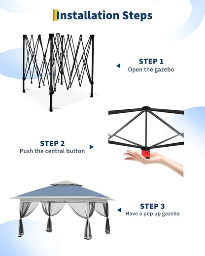 Canopy Tent 13x13 ft, Pop Up Gazebo One-Push Setup with 4 SandBags for Backyard Parties and BBQs, Mosquito Netting & Height Adjustable - Navy Blue