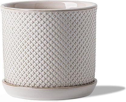 5.8 Inch Plant Pot: Ceramic Planter with Drainage Hole & Saucer for Indoor Outdoor Plants - Flowerpot with Bonded Tray for Home Office - Beaded Embossed Style, Cream White